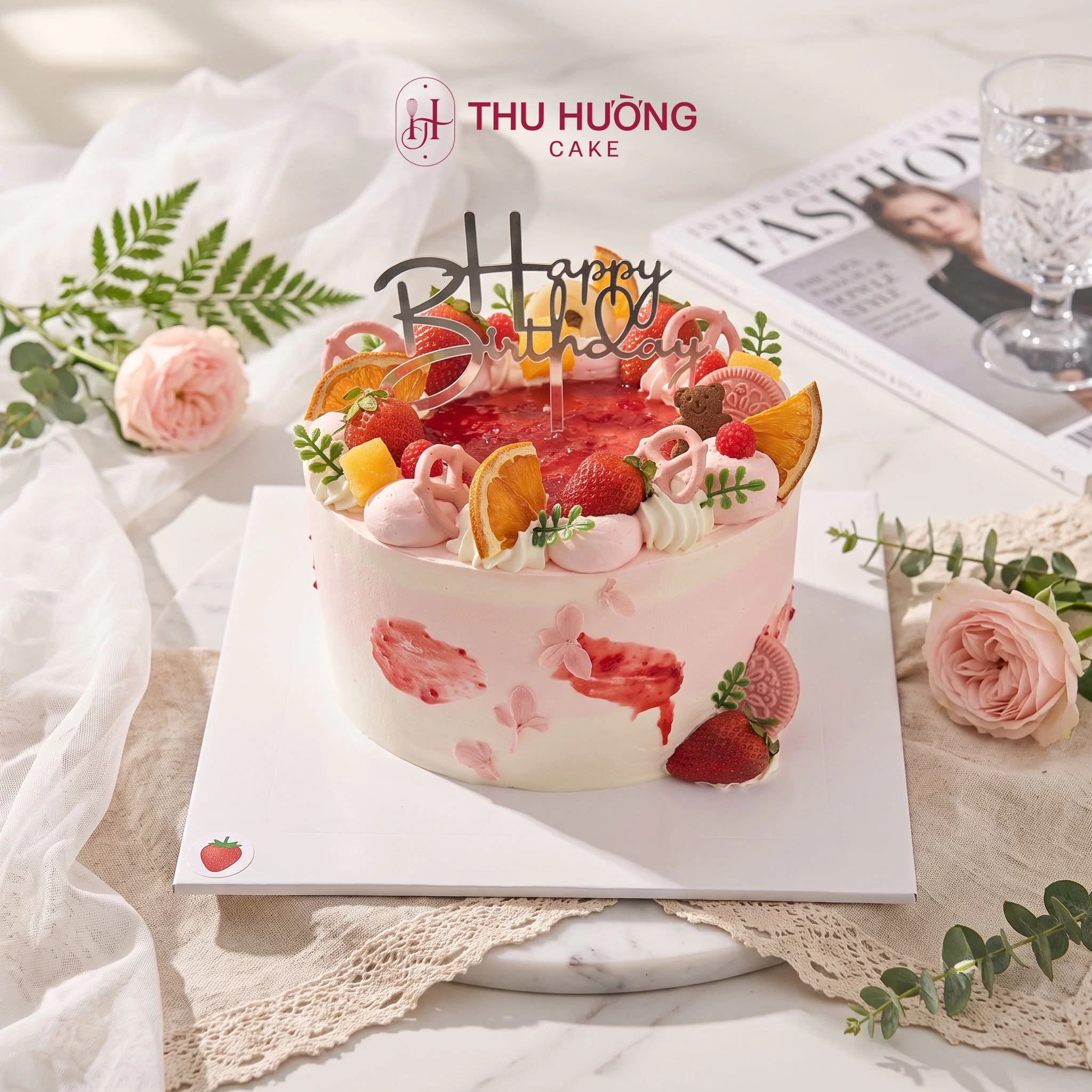 Bánh sinh nhật tone hông đẹp mắt