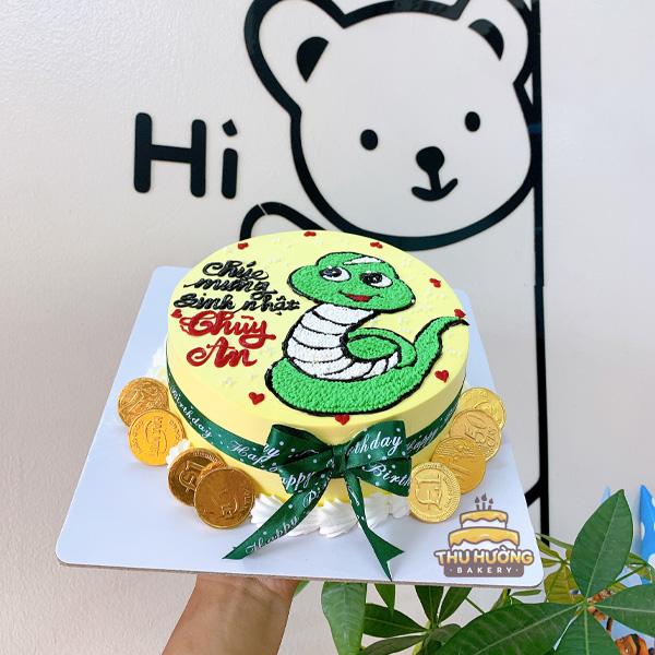 Bánh gato sinh nhật hình con rắn xanh và các loài thú trong rừng 3265 - Bánh  fondant